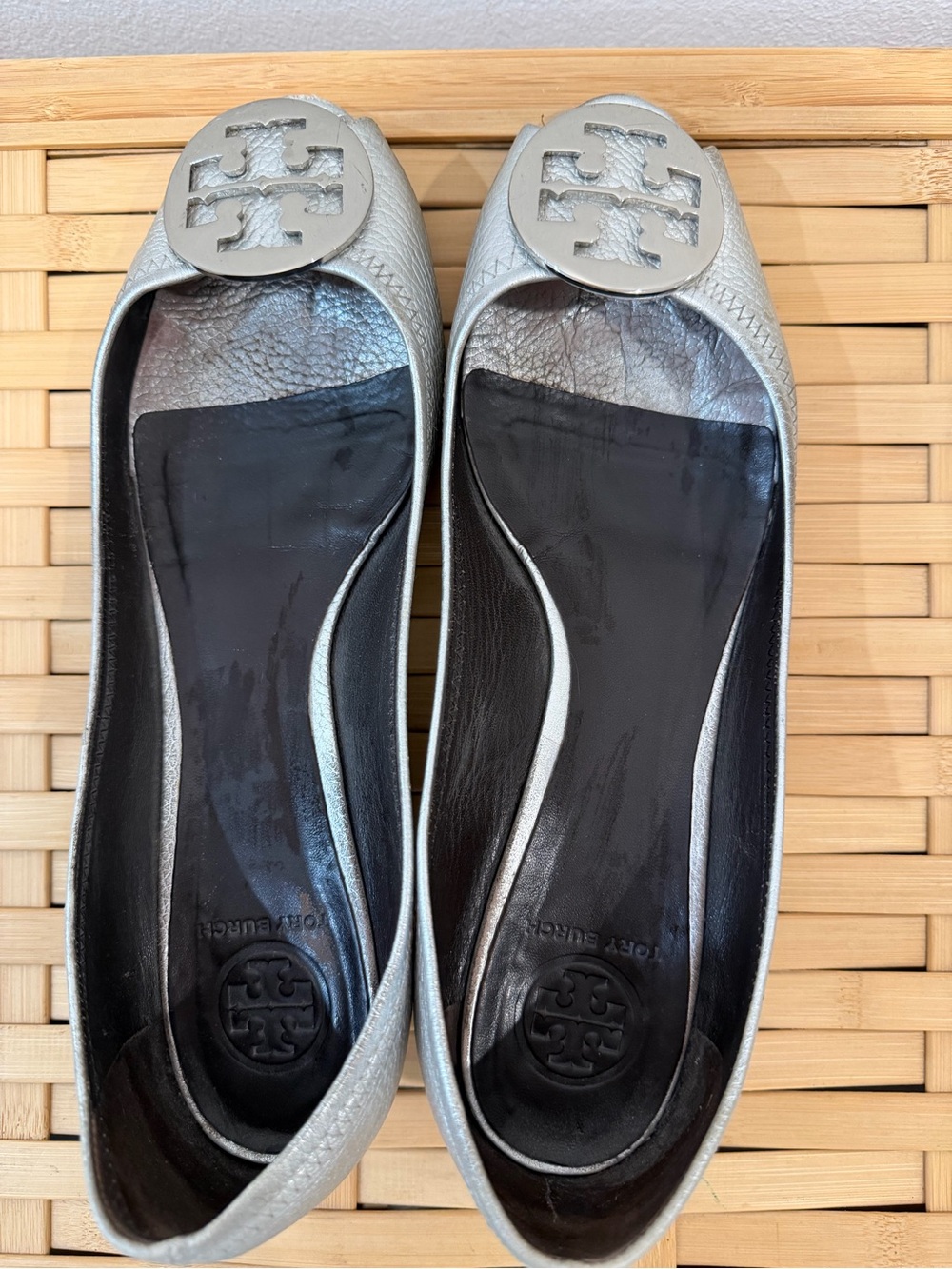 Tory Burch Silver Leather peep toe Logo Cap-Toe  low wedge shoes